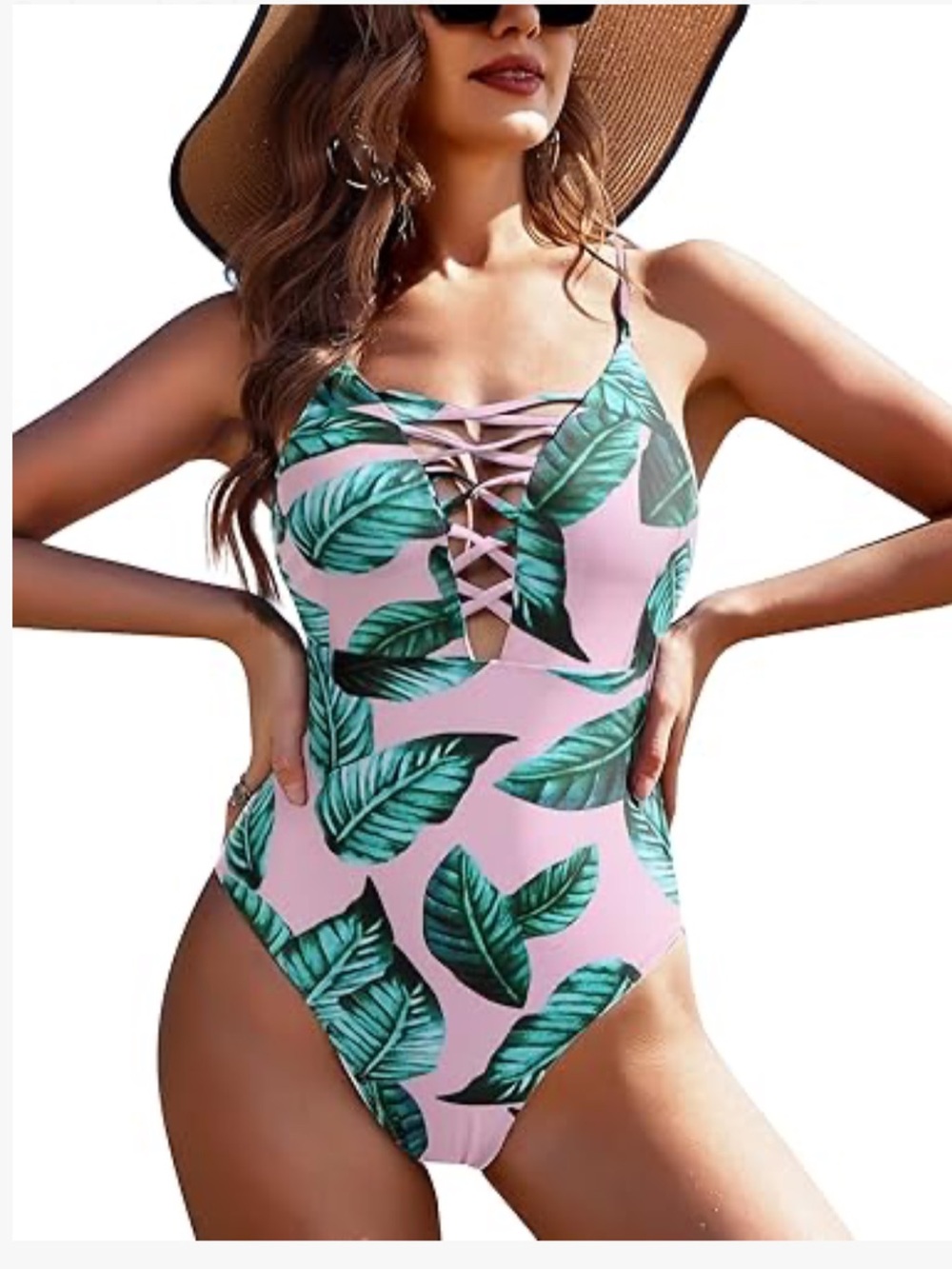 Pink Tropical Leaf Lace-Up One-Piece Swimsuit
